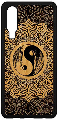 Coque Huawei P30 Bois Silicone Yin et Yang coloré Smartphone ELE-L29 Noir Plume