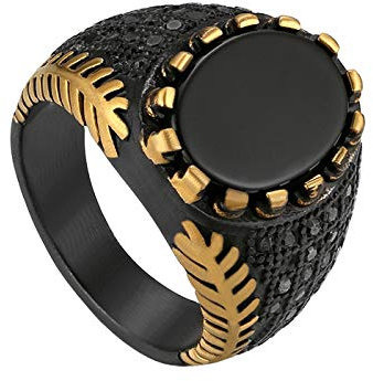 JewelryWe Herren-Ring, Vintage Edelstahl Schwarz Achat Siegelring Band Ring für Herren Männer Hochzeit Engagement Ringe, Gold Schwarz - Größe 59