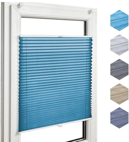 Home-Vision® Premium Plissee Faltrollo ohne Bohren mit Klemmfix, Kollektion „Melange” Leinenoptik (Blau, B90cm x H120cm) Modern Klemmträger