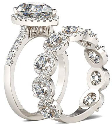 Jeulia [2 Stück Damen Halo Ringe Set Tropfen-Schliff Sterling Silber Ringe Set Schmuck für Verlobungsring Trauring Ehering (52 (16.6)) (Silber, 58 (18.5))