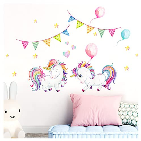 Little Deco Wandtattoo Einhörner mit Ballons & Herzen I Wandbild 89 x 60 cm (BxH) I Sterne Girlande Sticker Kinderzimmer Wandaufkleber Mädchenzimmer Baby DL533