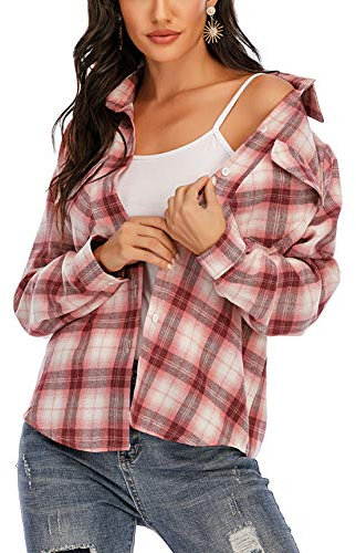 Enjoyoself Chemisier Carreaux Femme Chemise Bucheron Western 100% Coton Décontractée Classique Retro Ecossaise Coton Flanelle Blouse Gilet T Shirt Casual Vintage,XL,Rouge Blanc