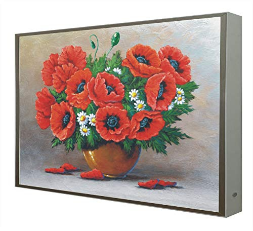 Bild mit Holzrahmen, weiß lackiert, beleuchtet mit LEDs, Vase mit Blumen