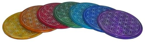 7 Untersetzer aus Speck-Stein mit der Blume des Lebens in den Chakra-Farben, Durchmesser 10 cm, Untersetzer für Gläser, Tassen, Flaschen