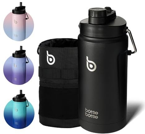Bottle Bottle 2 Litre Water Bottle with Straw and Dual-use Lid Large Insulated Water Bottles with Handle Big Stainless Steel Metal Flask for Hot Drink(Black)