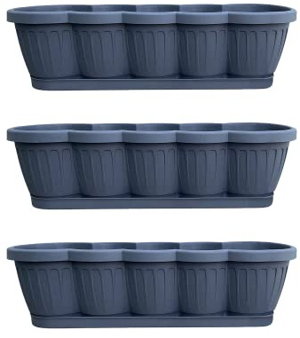 Hossi's Wholesale 3er Set Blumenkasten 60cm, Balkonkasten mit Wasserspeicher, Pflanzkasten Anthrazit im Wellendesign mit passendem Bewässerungsuntersetzer