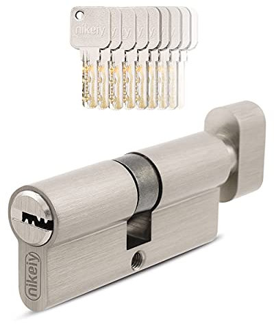 GERCAR - Pro - 1x Cylindre de serrure/barillet de porte d'entree/interieure à bouton 60 mm - 1x cylindre avec bouton 30/30 mm - En laiton nickelé - Avec 5 clés - Longueur : 60 mm, A: 30 B : 30