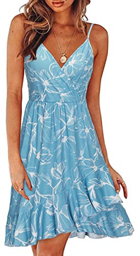 ULTRANICE Damen Sommerkleider Blumenmuster Kleid V-Ausschnitt Strandkleid Verstellbaren Spaghettiträger Rüschen Freizeitkleid(Floral-33,L)