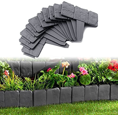 UISEBRT 70Pcs Rasenkante Kunstoff 17.5m Beeteinfassung Steinoptik Palisade Beetumrandung Mähkante Gartenzaun für Garten Border Blumenbeet, LxH 25x23cm, Anthrazit