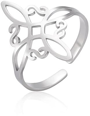 Dreamtimes Hexenknotenring für Frauen Edelstahl verstellbar offene Fingerringe keltischer quaternärer Wicca-Hexenknotenring Hexerei Amulett Schmuck Geburtstagsgeschenk (Silber-)