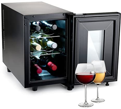 alpina Weinkühlschrank 18L - Weinkühler für 6 Flaschen - Flaschenkühler 230V - Temperatur Regelbar von 11°C bis 18°C - Glastür und Innenbeleuchtung - Geräuscharm bis Geräuschlos - Schwarz