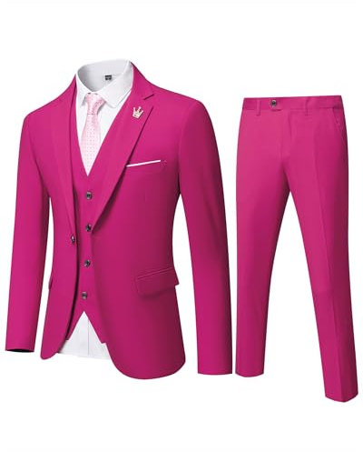 Hihawk Herren 3 Stück Anzug mit Stretch Stoff Solide Slim Fit EIN-Knopf Anzug Blazer Set Jacke Weste Hose mit Krawatte, Fuchsia, M