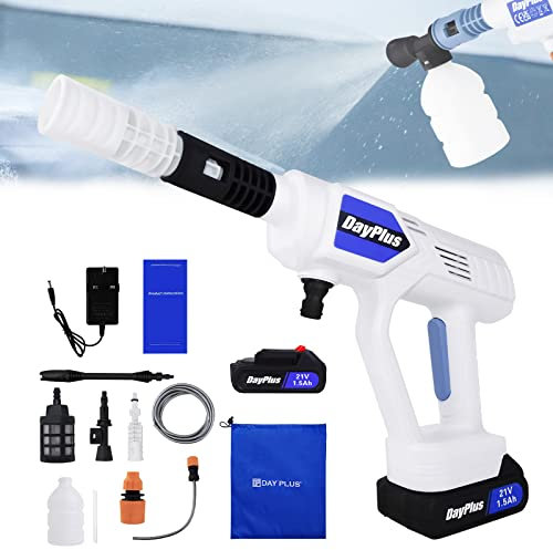 21V Battery Powered Cordless Car High Pressure Washer Jet Water Wash Cleaner Gun Portable Compact Pressure Cleaner with 1.5Ah Battery & Charger, Foam Generator Nozzle Water Pump 5M Hose for Car Home