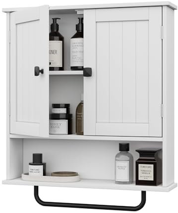 RRX Bathroom Wall Cabinets with Towels Bar,Storage Cabinet, Over The Toilet Storage with 2 Doors and Adjustable Shelf, Wall Cabinet for Bathroom Laundry Kitchen (White)