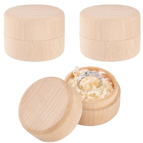 FINGERINSPIRE 3 Pcs Mini Runde hölzerne Box 4,7x3,5 cm Mini Lagerung hölzerne Box Burlywood Buche Ring Schmuck Ohrring Trinket Box DIY Holz Storage Box für Vorschlag Hochzeit Ring
