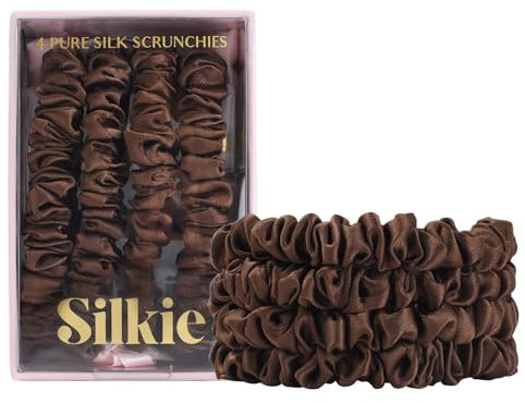 SILKIE 4er-Set 100% reine Maulbeerseide schwarze dünne Haargummis mit Reisebeutel, Haargummis für jeden Tag, Haarpflege, Pferdeschwanzhalter, ohne Haarschäden (Praline)