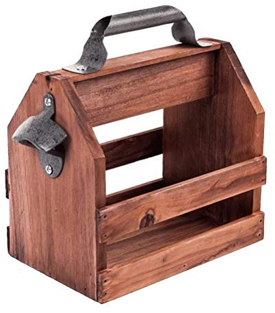 Portable Natural Wooden Bottle Caddy Drinking Wine Holder Rack with Metal Corkscrew for Outdoor Barbecues Picnics Parties