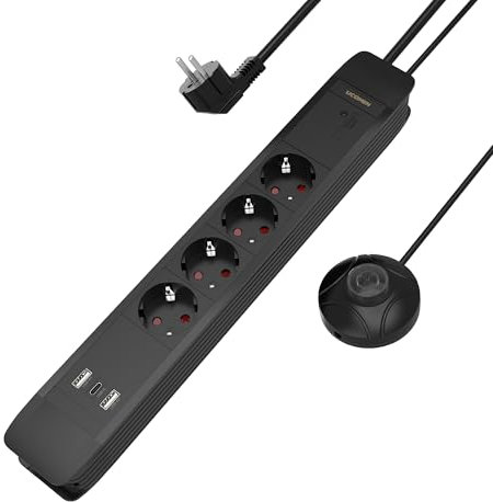 UCOMEN Steckdosenleiste mit Fußschalter, Mehrfachsteckdose 4-Fach mit Comfort Switch,20W USB A und C,1,5M Cord, 16A/3680W