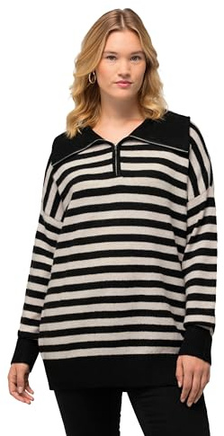 Ulla Popken Damen große Größen Übergrößen Plus Size Troyer, Ringel, Oversized, Reißverschluss, Langarm schwarz 46+ 825060100-46+