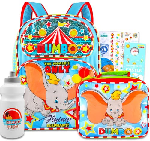Disney Dumbo Rucksack & Brotdosen-Set Kinder – Paket mit 40,6 cm Dumbo-Rucksack, Dumbo-Lunchbox, Wasserflasche, Tattoos, mehr | Disney Dumbo-Rucksack für Jungen, Mädchen