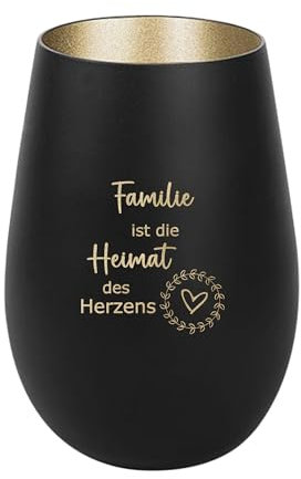 Der-Porzellan-Laden Windlicht mit Gravur Familie ist die Heimat des Herzens, Schwarz Gold, Teelichthalter aus Glas mit Spruch, Tischdeko modern