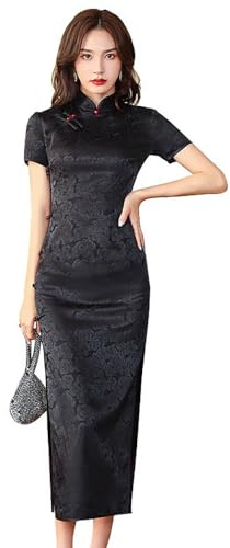 ZNLFS Robe chinoise longue Cheongsam à col mandarin coupe ajustée manches courtes moulante imprimé floral sexy fente latérale Qipao