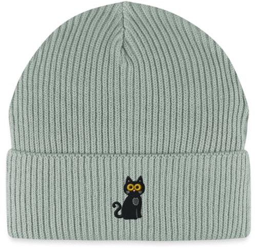 Spreadshirt Katze Stickerei Fisherman Beanie Bio Mütze, One Size, Helles Graugrün