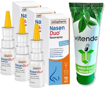 Nasenduo Nasenspray 3x10ml inclusive einer Handcreme von vitenda - Zuverlässige Hilfe gegen Schnupfen und verstopfte Nasen - abschwellendes und pflegendes Nasenspray