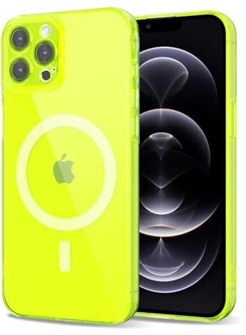 Svanove for iPhone 12 Pro Case Clear Compatible with Magsafe, Fluorescent Transparent Magnetic Magnet Mag Case, Slim Thin Bright Silicone Grip & Shockproof Bumper Camera Cover, Neon Green Lime