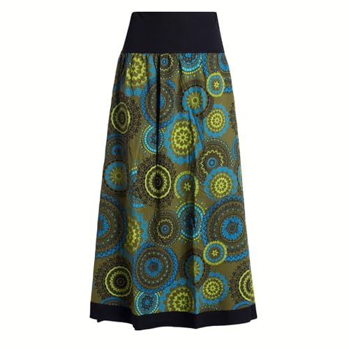 Vishes Langer Damen Herbstrock mit Mandalas in Olive I Größe 3XL (44-46) I Handgefertigt aus 100% Baumwolle I Rock mit breitem Bund I Für warme & kalte Monate I Nachhaltige Alternative Bekleidung