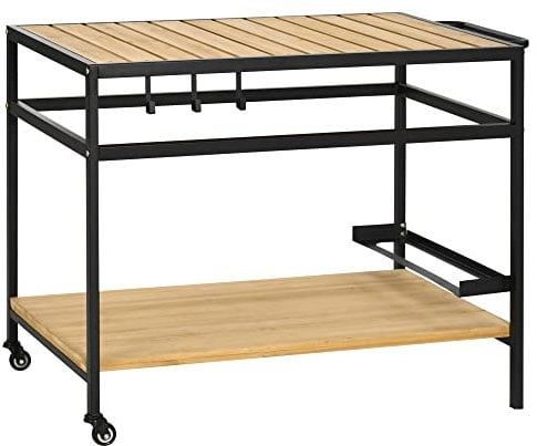Outsunny Servierwagen, Gartenrollwagen mit Haken, Barbecue Trolley mit 2 Regalen, Outdoor Multifunktionstisch mit Rollen, für Garten, Balkon, 107 x 65 x 80cm, Natur
