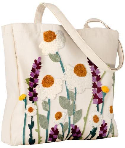 Miss Adola Tragetasche mit Stickerei für Damen – ästhetische, wiederverwendbare Canvas-Umhängetasche, niedliches 3D-Frühling-Sommer-Tuch für Shopping, Arbeit, Reisen, Urlaub, Wild Floral