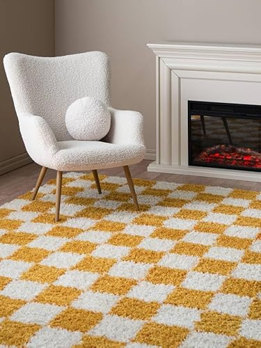RugVista Chessie Teppich, 160 x 230 cm, Gelb/Off Weiß | Moderne, Rechteckig, Niedriger Stapel, Nur chemische Reinigung, Oeko-Tex 100, Wohnzimmer, Schlafzimmer