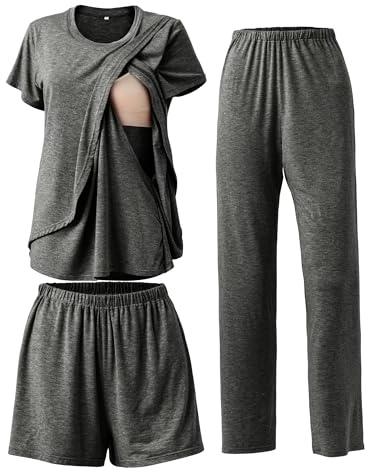 SUNNYBUY 3-teiliges Stillpyjama Set für Schwangerschaft & Stillzeit | Diskretes Stillen, Still-Top, Shorts & Hose, Verstellbarer Bund, Weich & Atmungsaktiv, Alltag & Zuhause