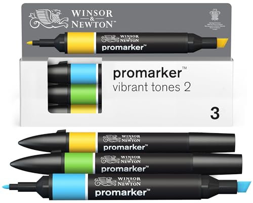 Winsor & Newton 0290194 ProMarker Set - Lebendige Töne 2, 3 Layoutmarker im Set, mit 2 Spitzen, fein und breit für Zeichnungen, Design und Layouts