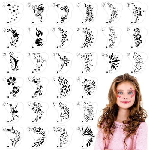 OOTSR 30Stk Schmink-Schablonen für Kinder Erwachsene, WiederverwendbareTattoo- Schablonen für Gesicht, Kreativität Tattoo Schablone für Halloween Schminke Partys