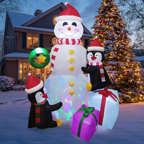 180cm Aufblasbarer Schneemann Weihnachten mit Pinguinen & Geschenkboxen LED Lichtern Außendekoration Aufblasbarer Schneemann Weihnachtsdeko für Garten, Rasen, Weihnachtsfeier im Freien