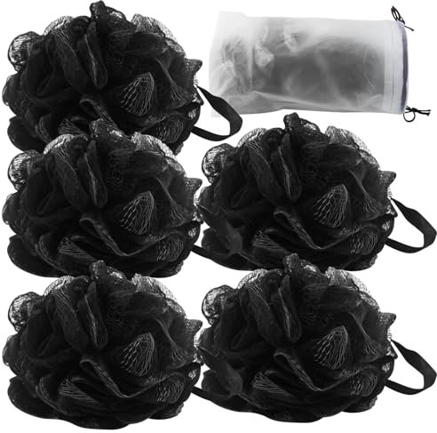 Lot de 5 éponges de bain en luffa, éponge exfoliante, brosse de bain, éponge de douche, éponge exfoliante, brosse de bain, éponge de douche, éponge de douche, éponge de bain (noir)