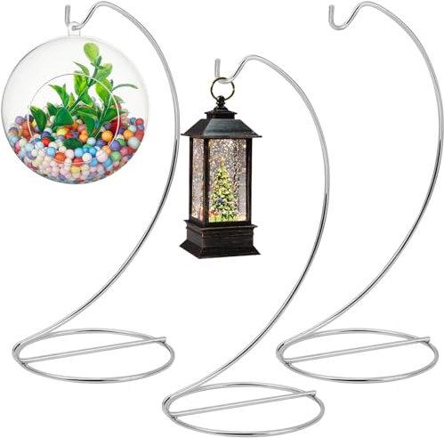 3PCS Ornament Display Stand,Glass Globe Silver Iron Wire Stand Hanging Hook Holder Rack for Bauble Lanterns Hanging Air Plant Terrarium Witch Ball Decor DIY Craft Display