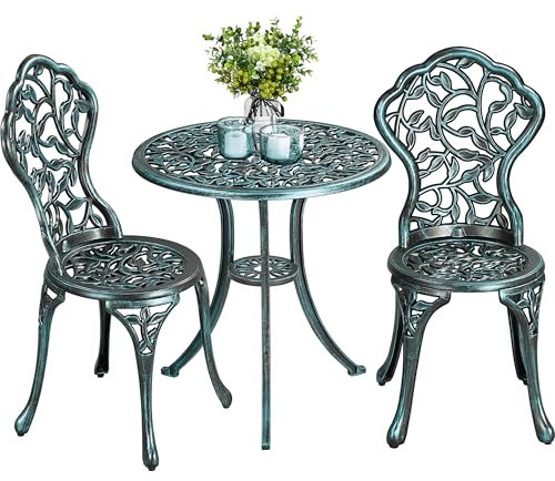 Yaheetech 3 TLG. Gartenmöbel-Set 2 Stühlen & 1 Tisch Bistroset aus Metall Sitzgruppe Gartengarnitur für 2 Personen Witterungsbeständig Möbelstücke für Balkon/Terrasse/Garten Grün