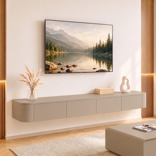 Ribanedy Modern Floating TV Unit | Wall-Mounted Entertainment Media Console | Large Storage TV Bench for Living Room & Office (Khaki, 140cm)