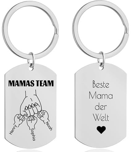 Lumari Gold Personalisierter Mama Team Schlüsselanhänger mit Kindernamen Gravur – Silber Edelstahl, Wunschtext Rückseite – Emotionales Geschenk für Mama