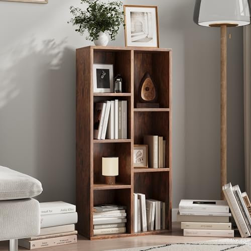 Home Collective Regal Bücherregal Raumteiler | Robustes Holzregal mit 7 offenen Fächern | Modernes Design für Wohnzimmer & Büro | 50x24x106 cm (BxTxH) | Dunkles Holz