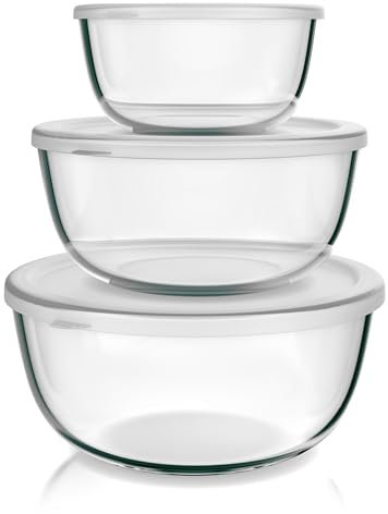 Arendo Saladier en verre avec couvercle - Lot de 3 saladiers en verre - 1100 ml + 2700 ml + 4400 ml - Saladiers petits à grands - Verre borosilicate - Bol en verre à salade
