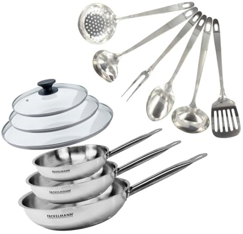 Fackelmann Set mit 3 Edelstahlpfannen, Deckeln und 6 Edelstahlutensilien | 3 Pfannen 20 24 28 cm, Edelstahl 18/8 und Glas, 3 Deckel, Induktion, Gas, Vitro, Backofen, Geschirrspüler, PFAS-frei