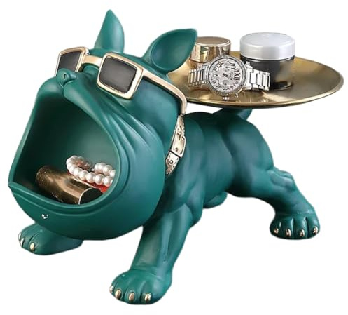 Huudngeje Resin Tray Statue French Bulldog Candy Dish Key Holder Bowl for Office Desk Home Decor Statues Green