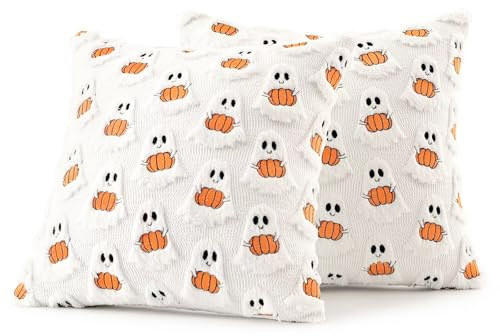 TIVUNORON 2 Stück Halloween SofaKissenbezüge, Halloween Deko Kürbis Kissenbezug Kissenhülle, Flauschig Kissen Herbstdeko Innen(Weiß)