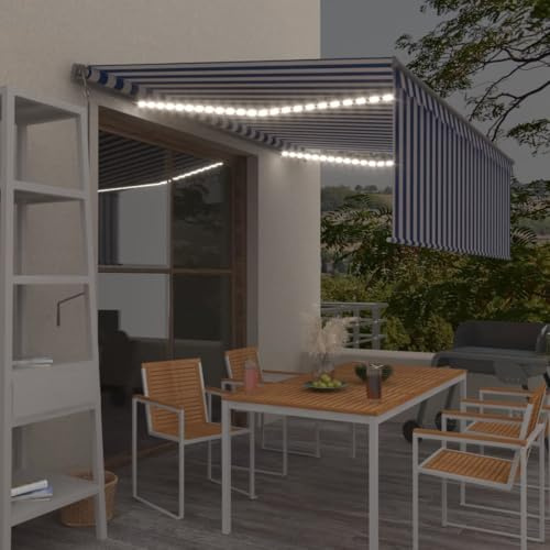 Qnhdfrt Automatische Rollo Markise mit LED und Windsensor 4x3m Blau Weiß für Balkon Terrasse Garten