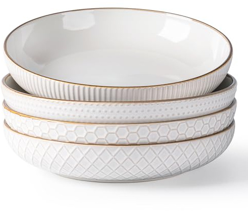 GBhome 8.5'' Large Pasta Bowls, 32 Ounce Stoneware Salad Bowls for Kitchen, Ceramic Serving Bowls with Textured Pattern for Pasta,Fruit, Stews,Noodle, House-Warming Gift,Set of 4