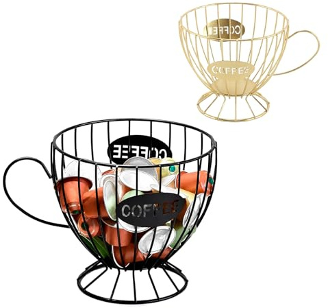 2Pcs Coffee Pod Holders, Large Capacity Wire Basket for Capsule Storage | Metal Wire, for Coffee Station/Espresso Organiser for Kitchen Counter (Black&Gold)